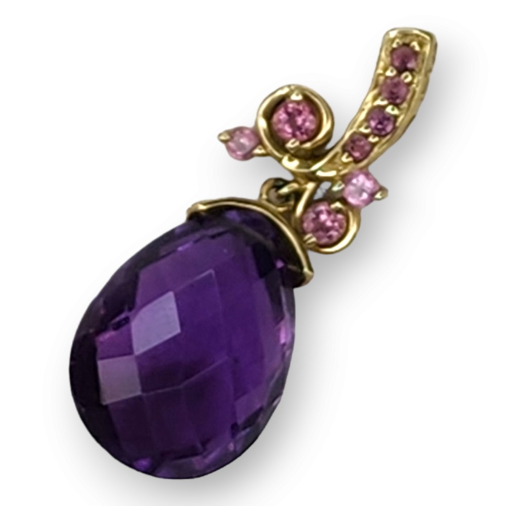 Pendant 10KT Yellow Gold Amethyst Pink Tourmaline Vintage Large Faceted Purple‎ - Picture 11 of 11